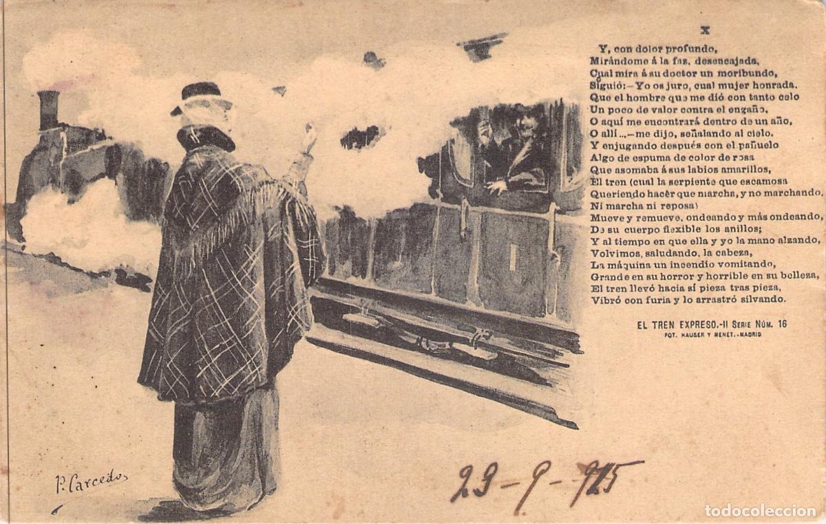 Postales: Postal El Tren Expreso Poema Campoamor Ilustraci&oacute;n Carcedo