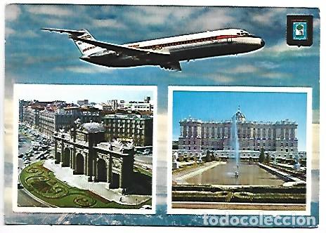 Postales: AVION DE IBERIA - PUERTA DE ALCALA Y JARDINES DE SABATINI.- MADRID