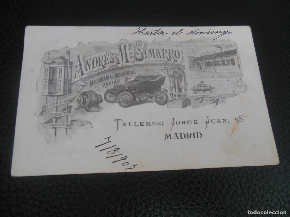 Postales: TARJETA POSTAL MADRID EMPRESA ANDR&Eacute;S MARTINEZ SIMARRO PUBLICIDAD ELECTRICIDAD COCHES 1907