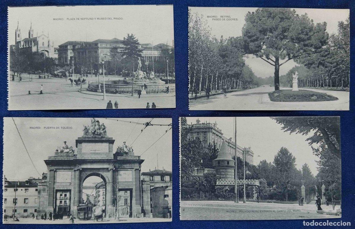 Postales: 4 POSTALES DE MADRID. PLAZA DE NEPTUNO, RETIRO: PASEO DE COCHES, CAMPO DEL MORO, PUERTA DE TOLEDO...