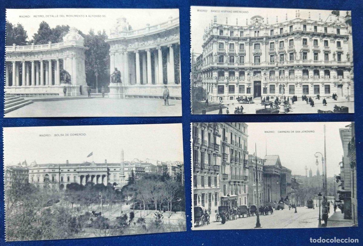 Postales: 4 POSTALES DE MADRID. BANCO HISPANO AMERICANO, RETIRO: ALFONSO XII, BOLSA DE COMERCIO, CARRERA DE...