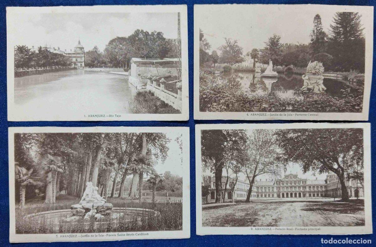 Postales: 4 POSTALES DE ARANJUEZ. RIO TAJO, JARD&Iacute;N DE LA ISLA, PARTERRE, FUENTE, PALACIO REAL.