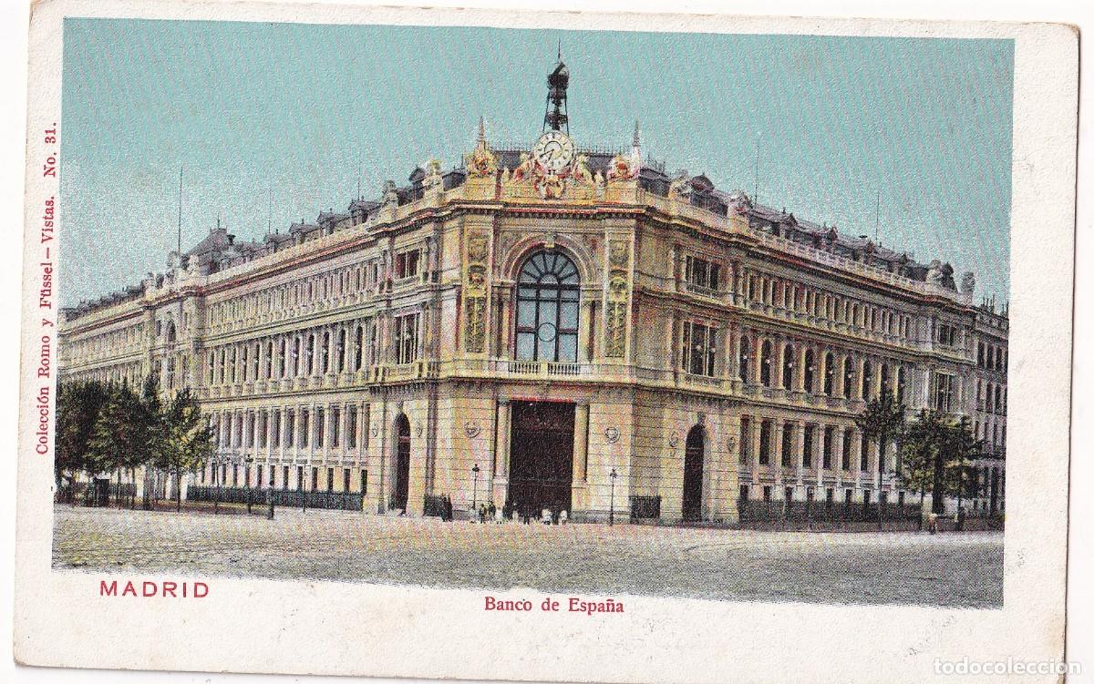 Postales: Madrid. Banco de Espa&ntilde;a . Colecci&oacute;n Romo y F&uuml;ssel Vistas n&ordm; 31 reverso sin dividir.