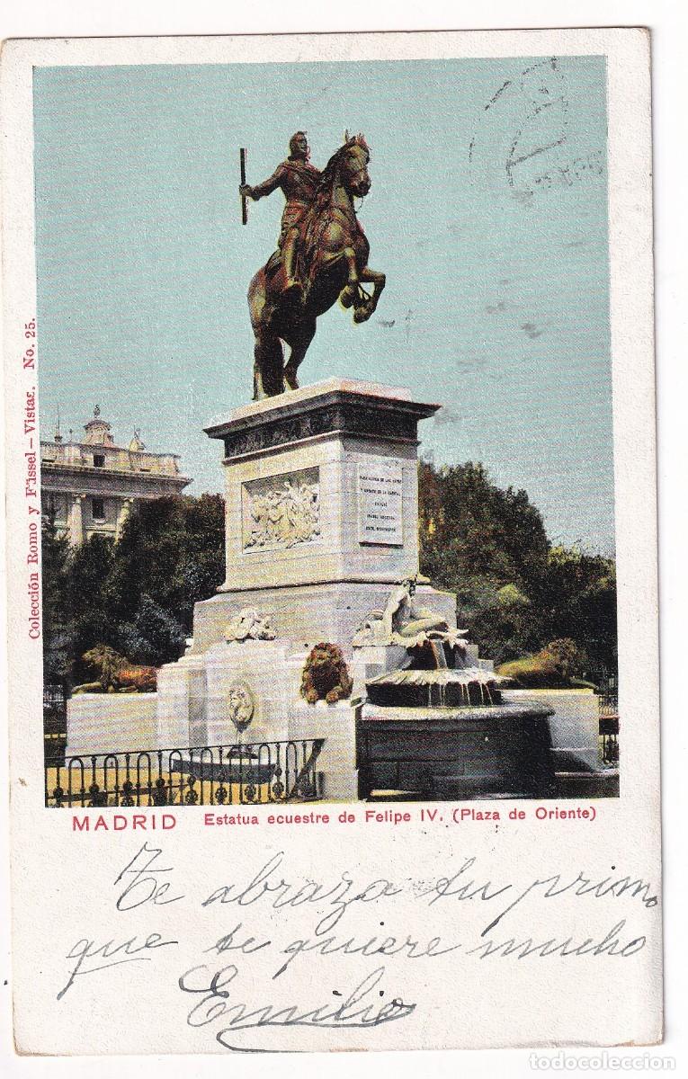Postales: Madrid. Estatua ecuestre Felipe IV Plaza Colecci&oacute;n Romo y F&uuml;ssel Vistas n&ordm; 25 reverso sin dividir