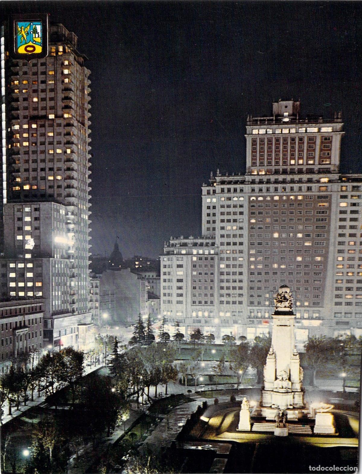 Postales: Postal de Madrid, Monumento a Cervantes y Vista Nocturna de Plaza de Espa&ntilde;a