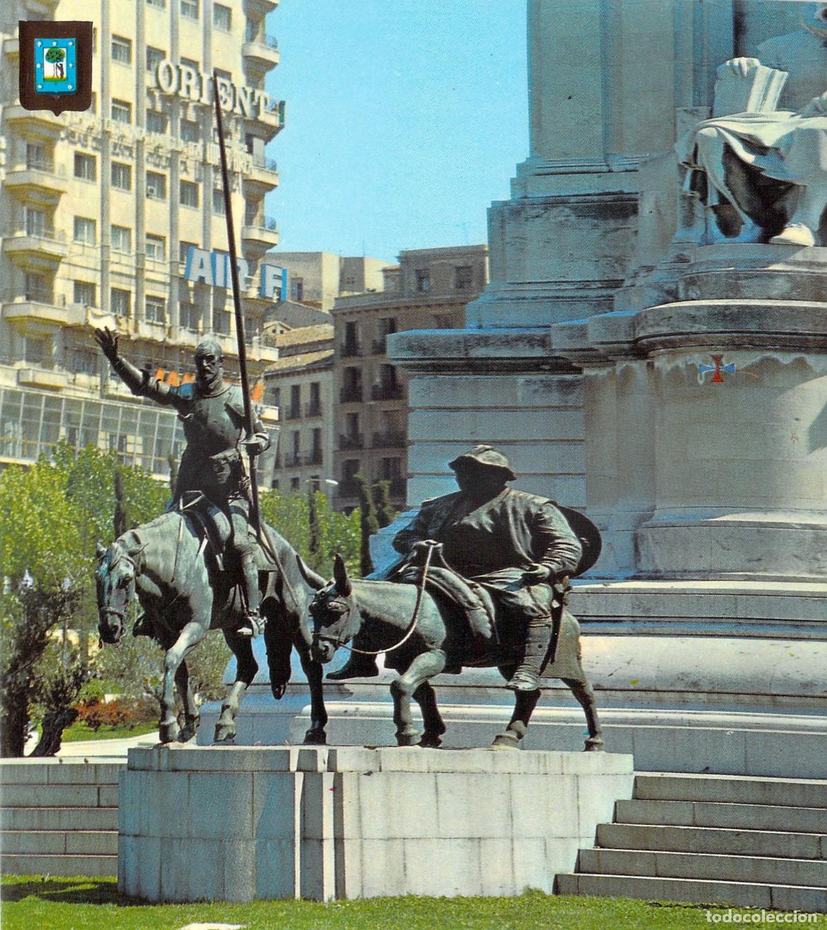 Postales: Postal del Monumento a Cervantes en Madrid con Don Quijote y Sancho Panza