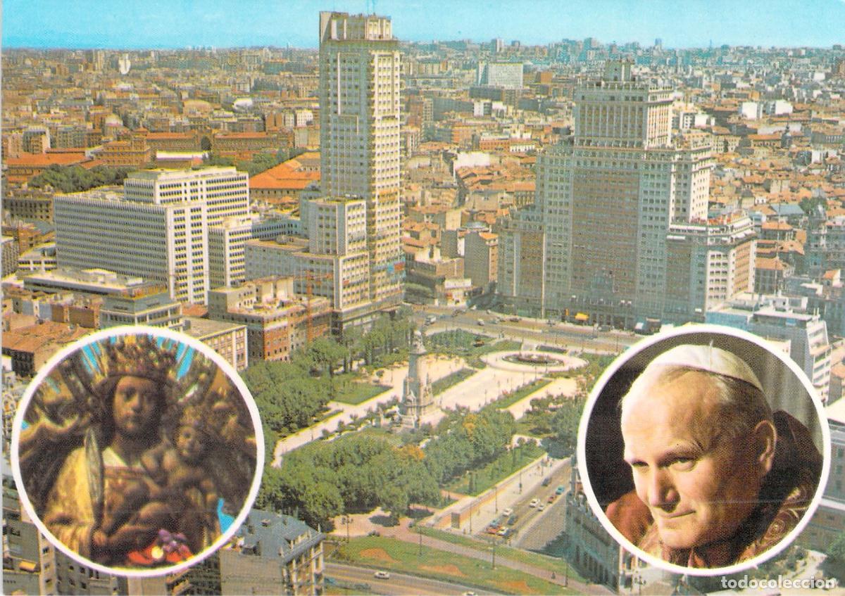 Postales: Postal de Madrid: Plaza de Espa&ntilde;a y Visita del Papa Juan Pablo II