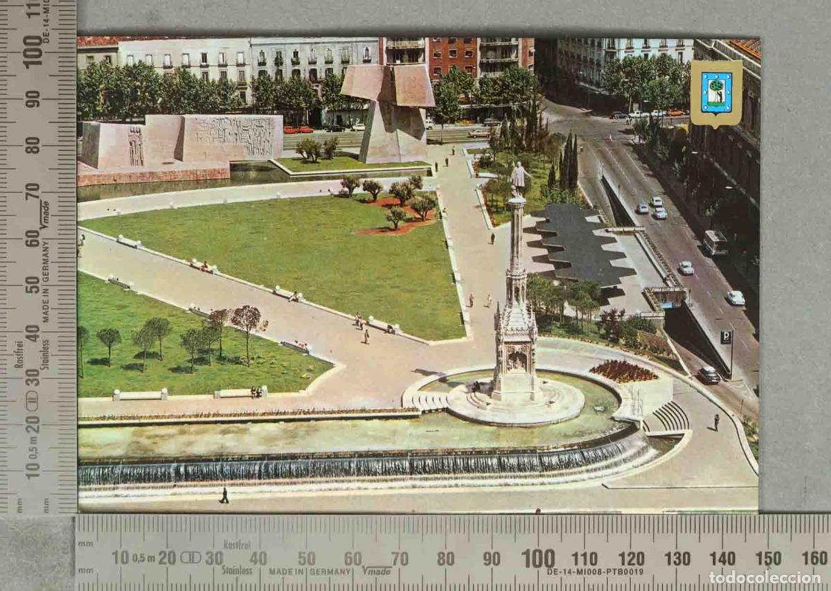 Postales: POSTAL. Madrid - Plaza de Col&oacute;n y Jardines del Descubrimiento - Escudo de Oro
