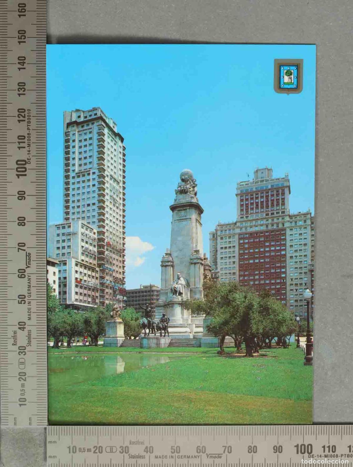 Postales: POSTAL. Madrid - Plaza de Espa&ntilde;a - Monumento a Miguel de Cervantes, Edificio Espa&ntilde;a y Torre de Madr