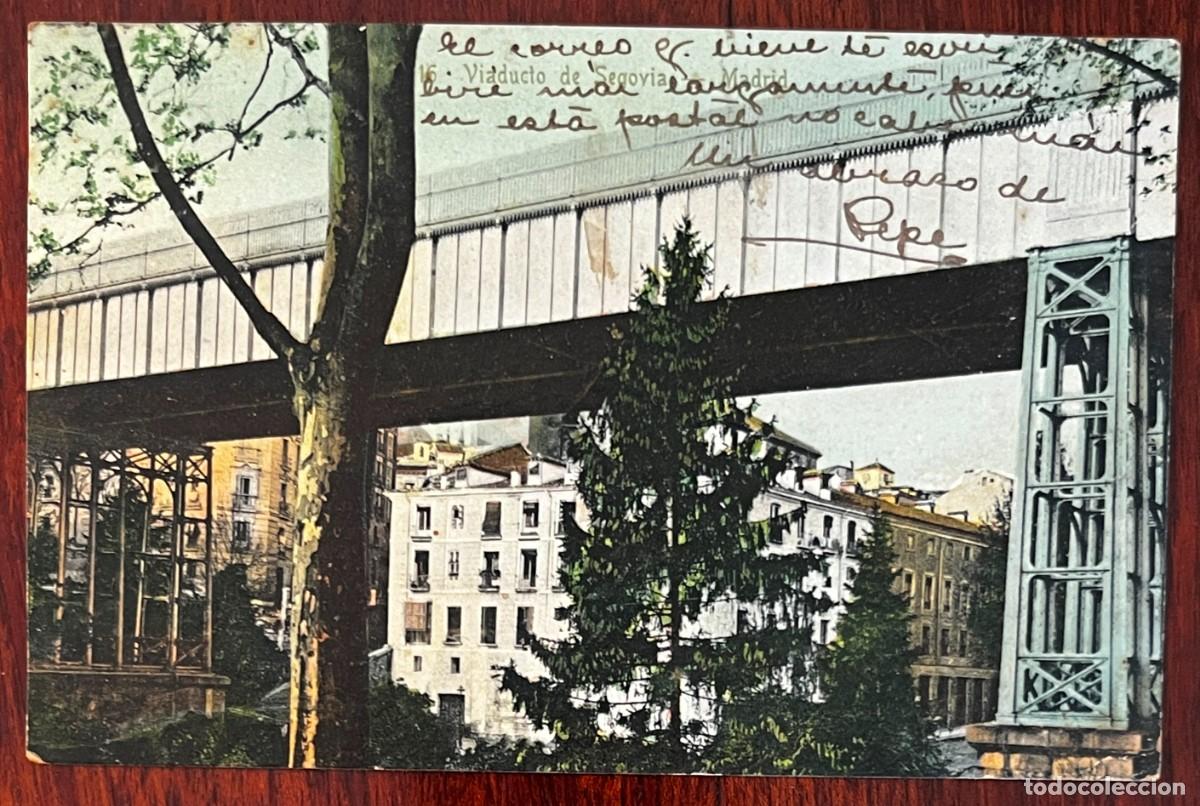 Postales: MADRID, ANTIGUO VIADUCTO DE SEGOVIA, POSTAL COLOREADA CIRCULADA EN 1904, A LA LAGUNA, TENERIFE
