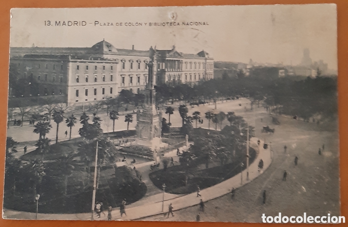 Postales: Postal Madrid. Plaza de Col&oacute;n y Biblioteca Nacional. Escrita y matasellada. R10124