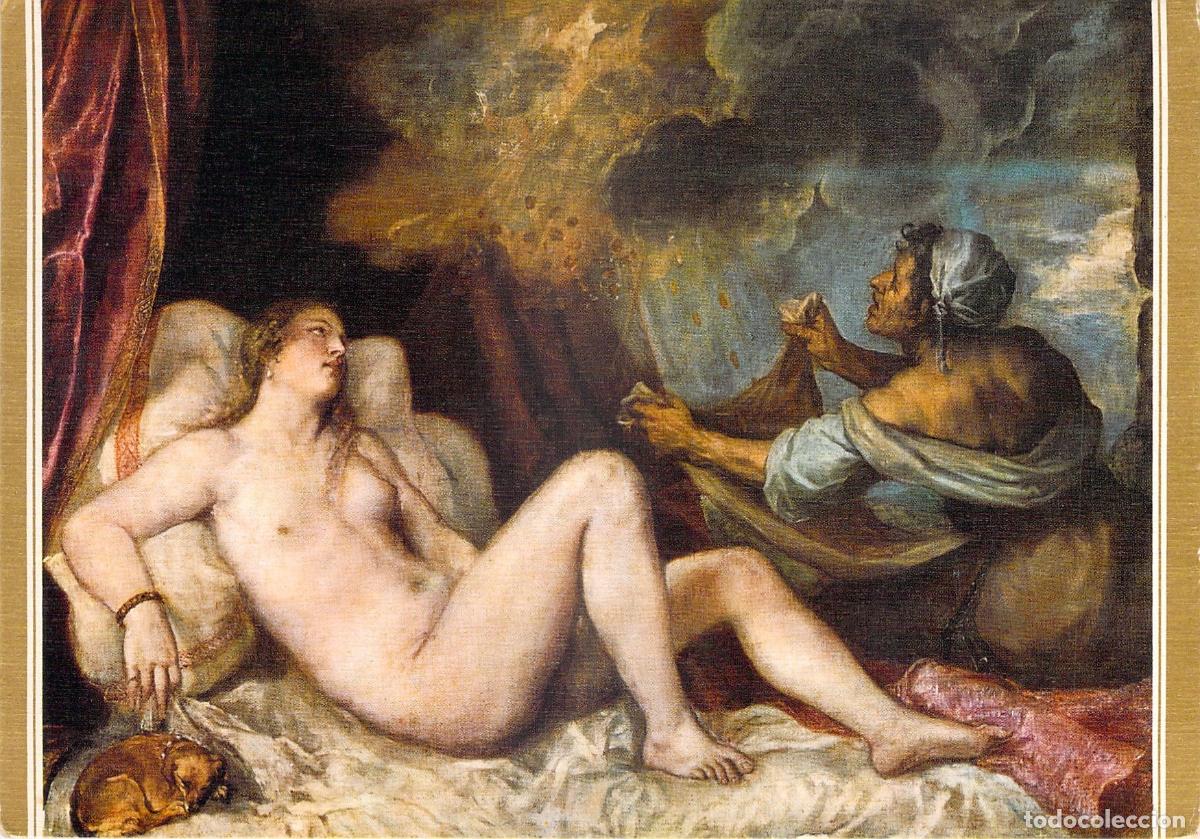 Postales: Postal de Danae recibiendo la Lluvia de Oro de Tiziano en el Museo del Prado