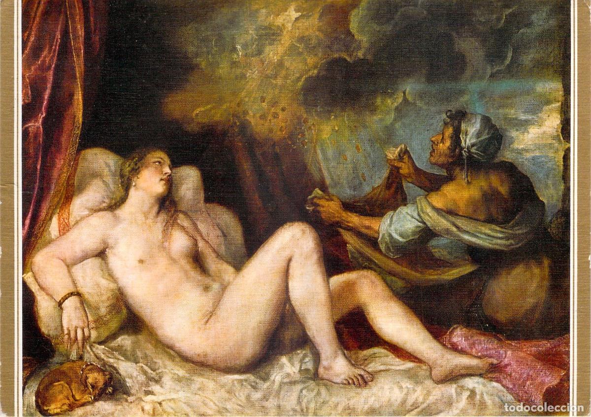 Postales: Postal de la obra D&aacute;nae recibiendo la Lluvia de Oro de Tiziano