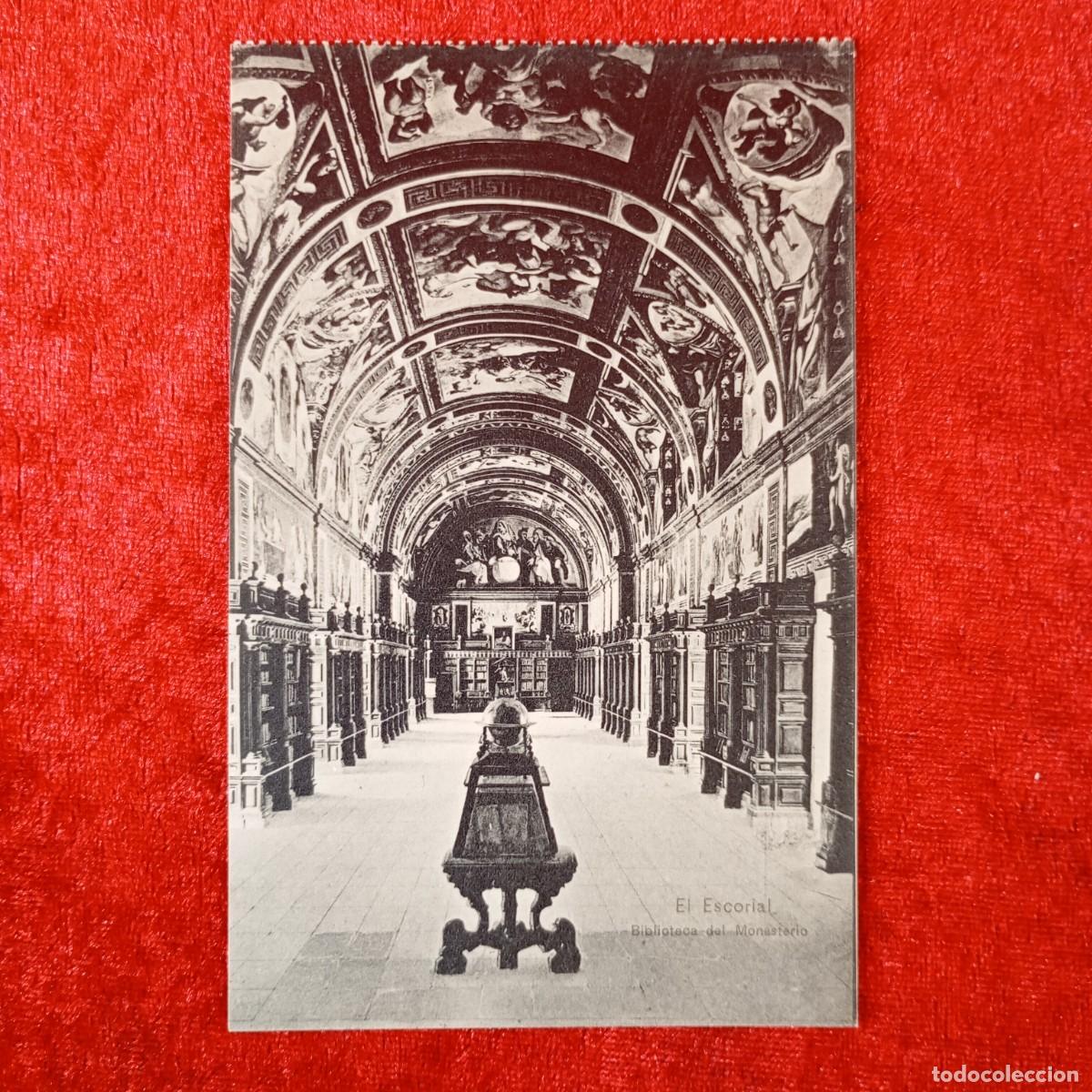 Postales: POSTAL - EL ESCORIAL - BIBLIOTECA DEL MONASTERIO - FOT. MORENO - HOTEL MIRANDA - RAR&Iacute;SIMA / 1929