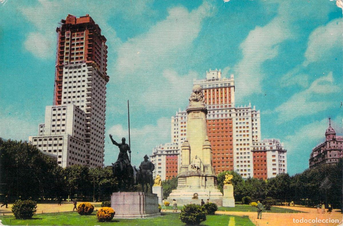 Postales: Postal de Madrid, Monumento a Cervantes y Edificio Espa&ntilde;a