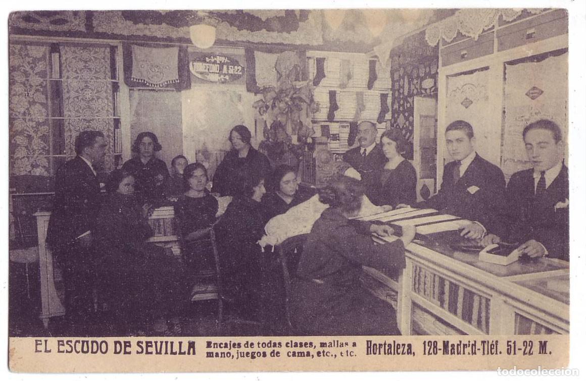 Postales: Madrid: El Escudo de Sevilla. Comercio de encajes en Calle Hortaleza. No circulada (A&ntilde;os 20-30)