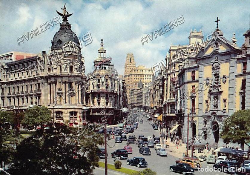 Postales: Alcal&aacute; y Avenida Jos&eacute; Antonio (Madrid) - Circulada - 1962, aunque la postal es de los a&ntilde;os 50