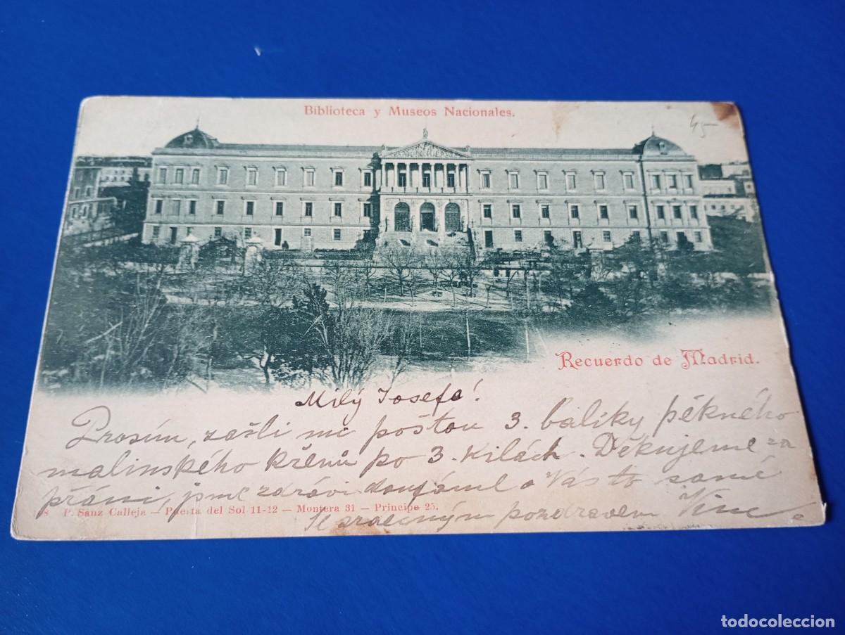Postales: Postal Recuerdo de Madrid Biblioteca y Museos circulada 1900 con sello pel&oacute;n