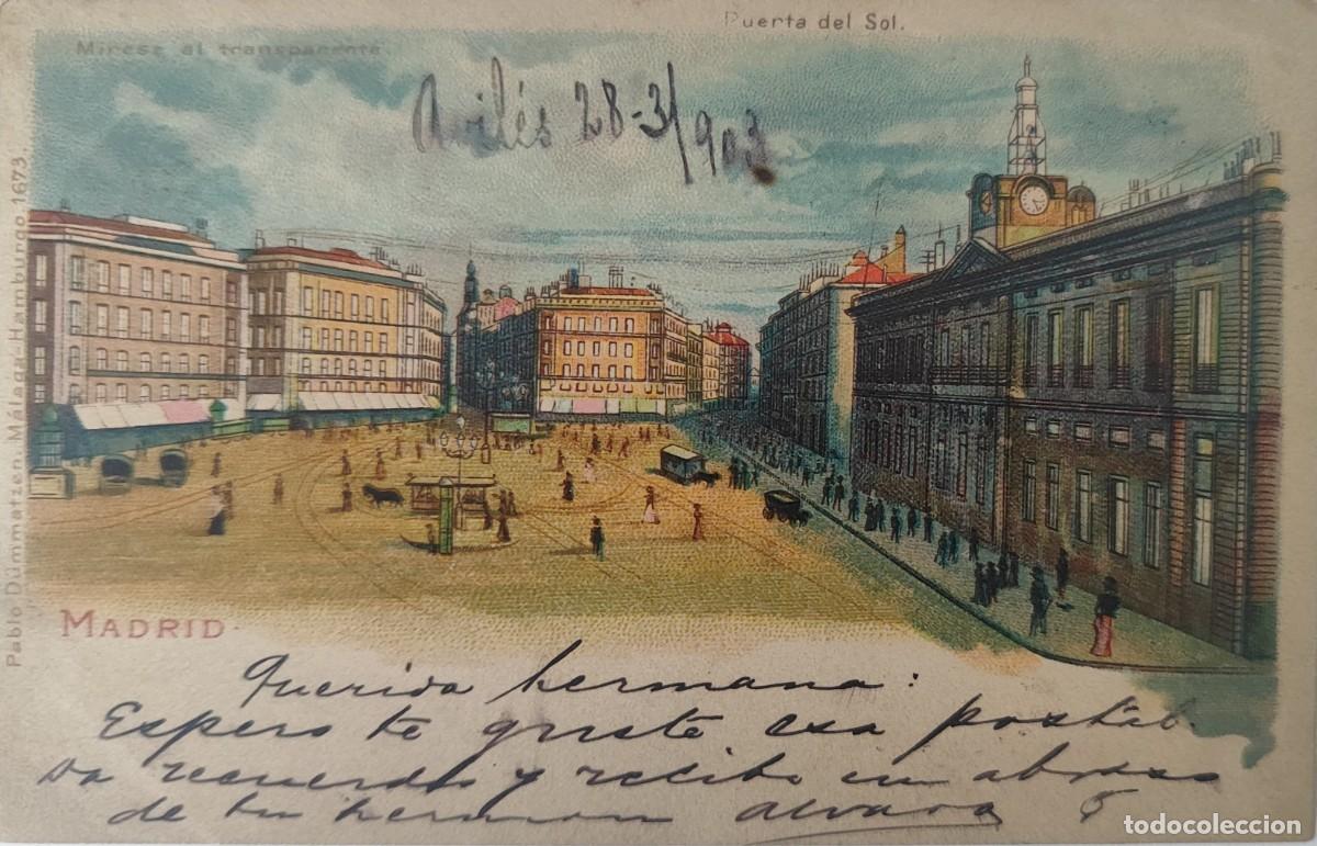 Postales: Postal antigua Madrid Puerta del Sol &ndash; Pablo D&uuml;mmatzen &ndash; 1903 &ndash; Postal transparente Meteor