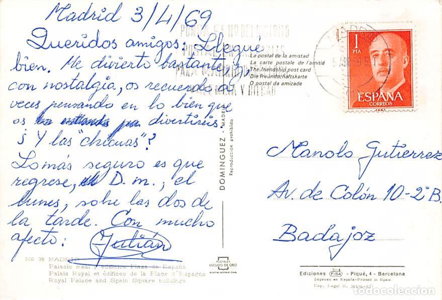 Postales: Palacio Real y Edificio Plaza de Espa&ntilde;a (Madrid) - Circulada - 1969 - Foto 3