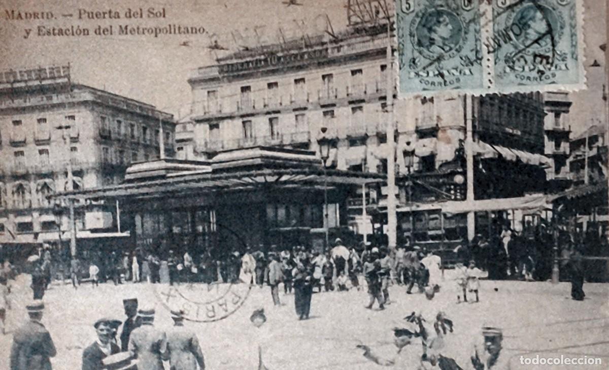Postales: Postal antigua Madrid &ndash; Puerta del Sol y Estaci&oacute;n del Metropolitano &ndash; 1921