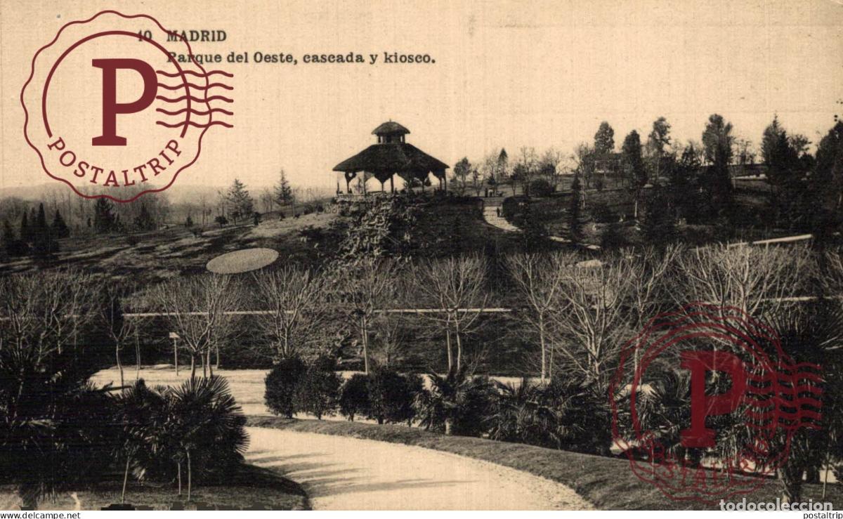 Postales: MADRID. PARQUE DEL OESTE, CASCADA Y KIOSKO.