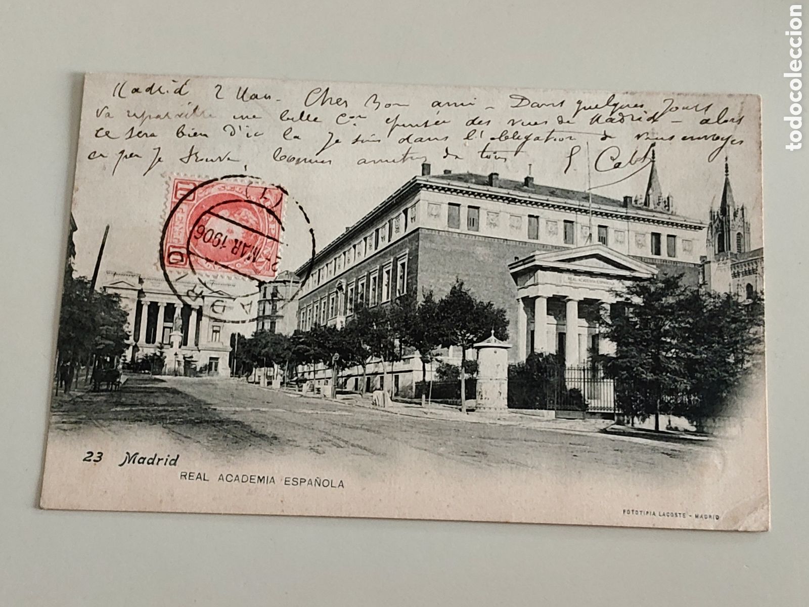 Postales: Tarjeta postal Madrid real academia espa&ntilde;ola fototipia lacoste n&uacute;mero 23 sellada 1906