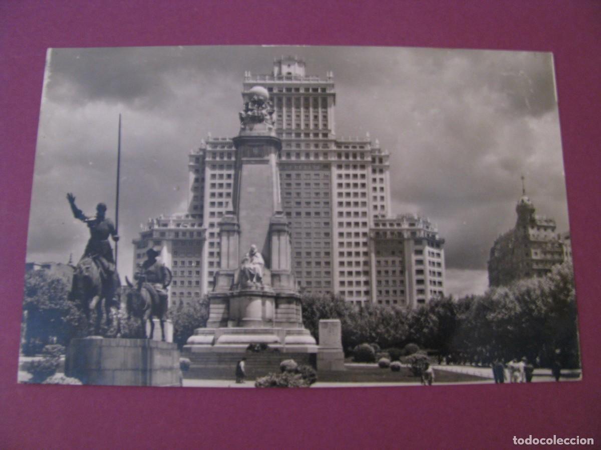 Postales: POSTAL FOTOGRAFICA DE MADRID. MONUMENTO A CERVANTES Y EDIFICIO ESPA&Ntilde;A. DOMINGUEZ 39.