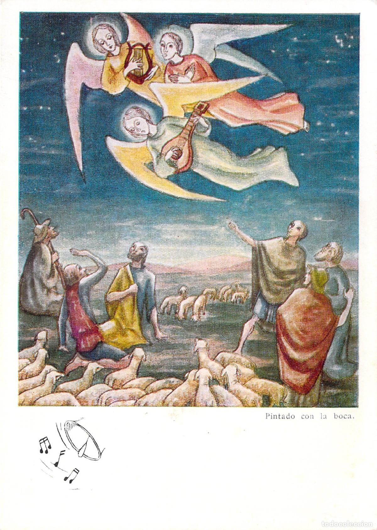 Postales: Postal de Navidad con La Anunciaci&oacute;n a los Pastores, Arte pintado con la boca