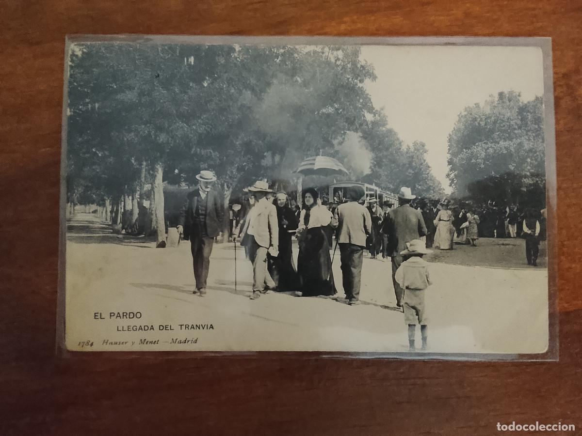 Postales: Postal de El Pardo, Madrid. Llegada del tranv&iacute;a. Fotograf&iacute;a de Hauser y Menet