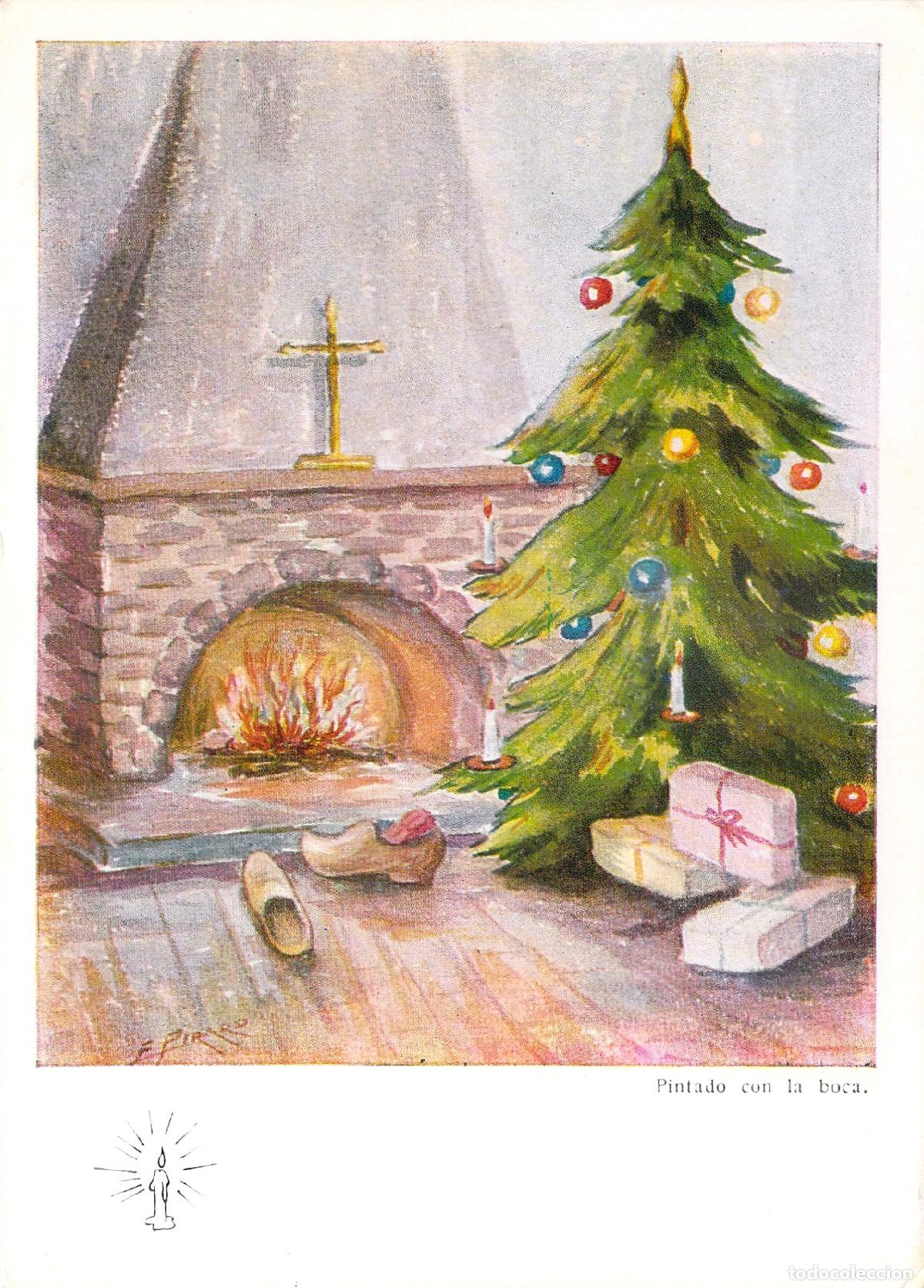 Postales: Postal navide&ntilde;a con &aacute;rbol de Navidad y chimenea, arte de E. Pirard