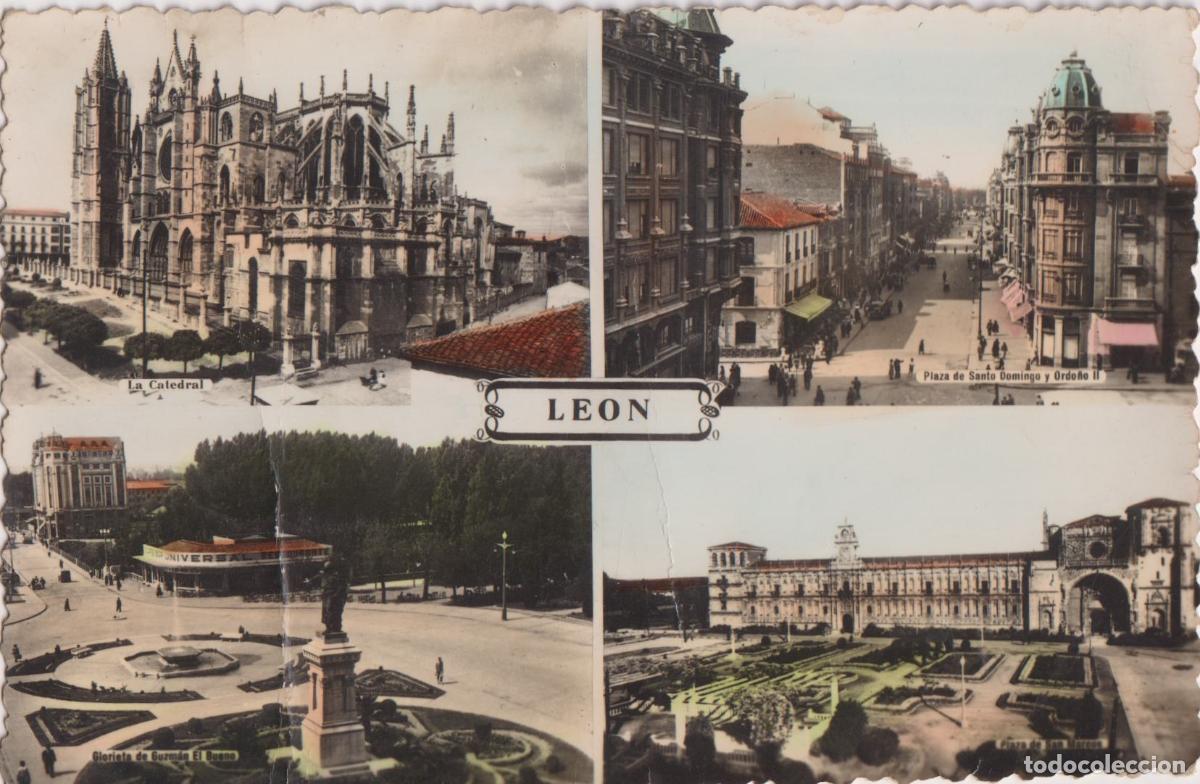 Postales: LE&Oacute;N, VARIOS ASPECTOS DE LA CIUDAD, CATEDRAL, GLORIETA - CIRCULADA