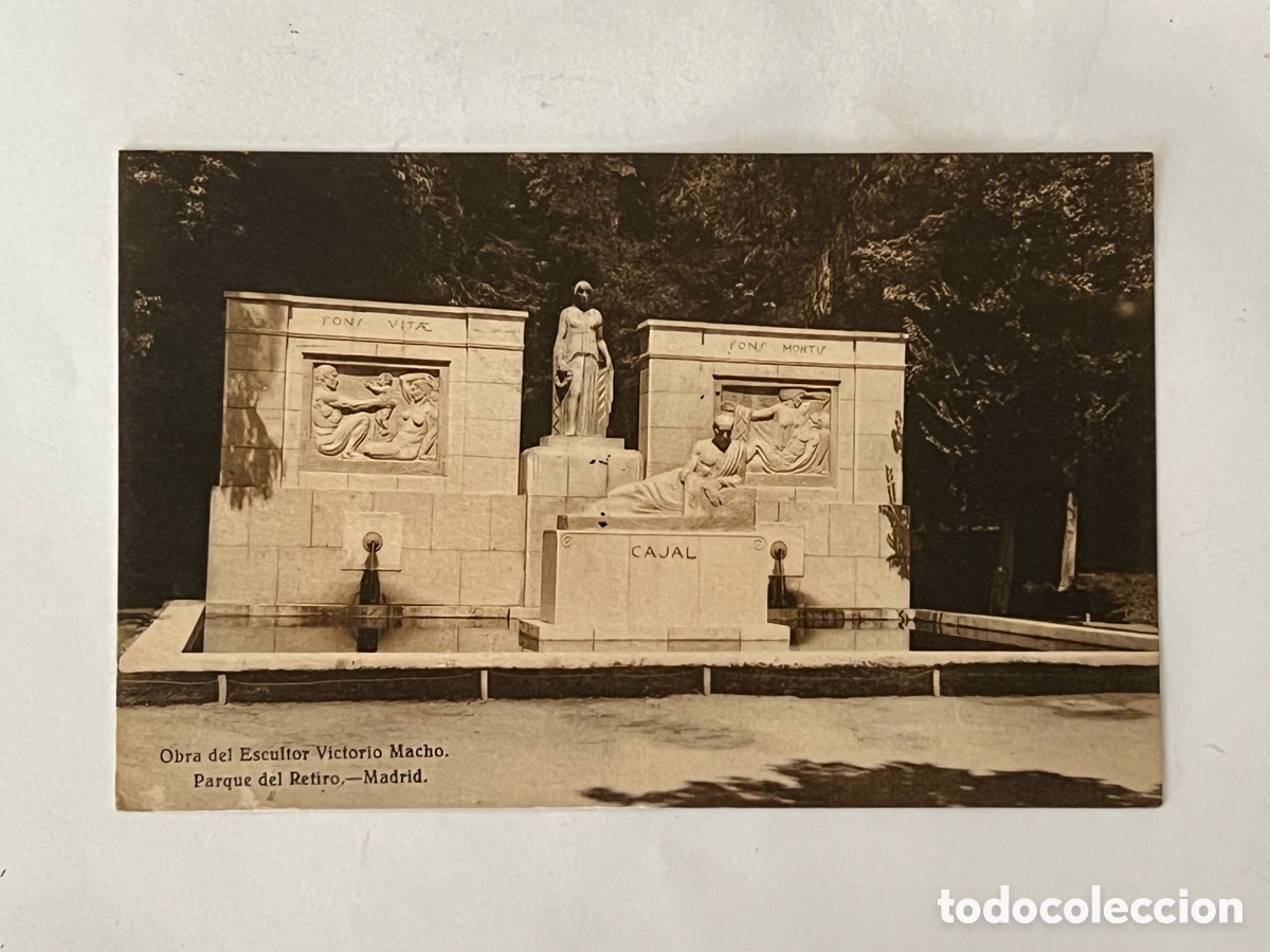 Postales: MADRID. Monumento a Santiago Ram&oacute;n y Cajal. Parque del Retiro. Circulada al Dr V&iacute;ctor Soley Geli