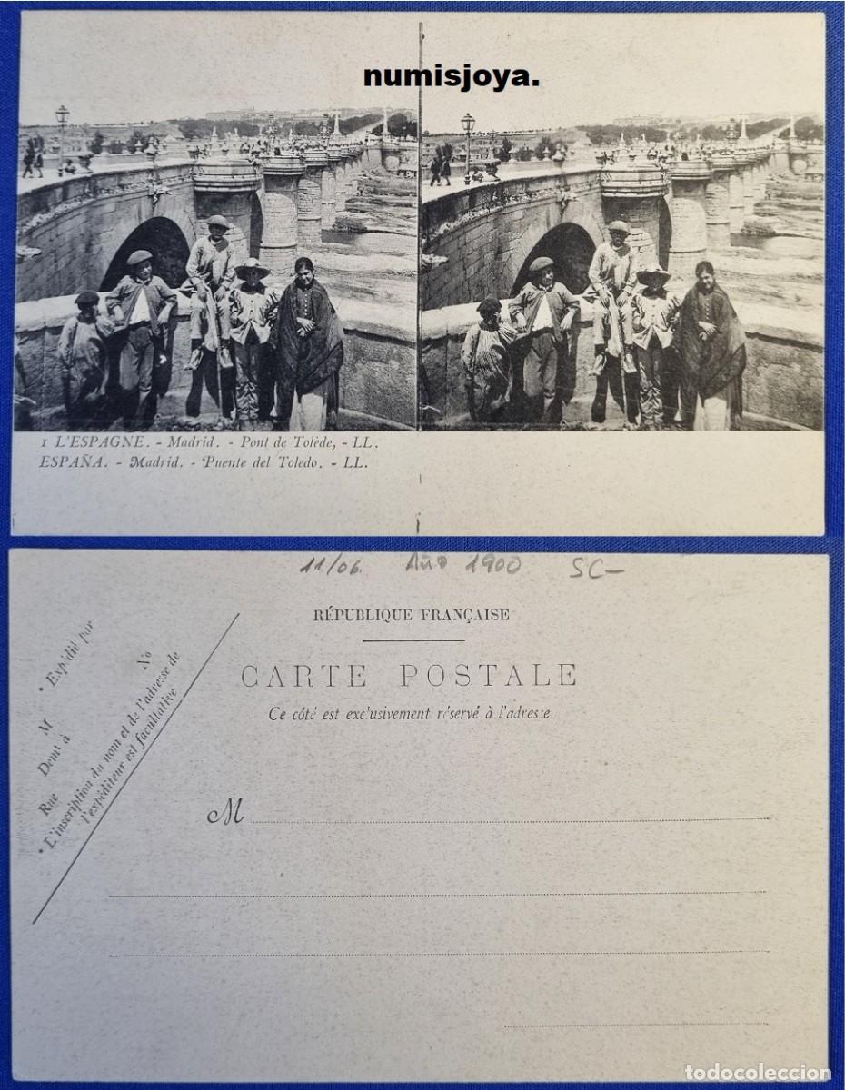 Postales: Postal ESTEREOSCOPICA de Madrid Espa&ntilde;a. A&ntilde;o 1900 Puente del Toledo. Reverso sin dividir.