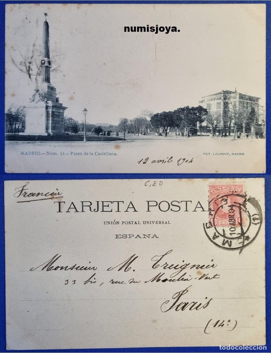 Postales: Postal de Madrid Espa&ntilde;a a&ntilde;o 1900. Paseo de la Castellana. Escrita en 1904 con sello de 10 c&eacute;ntimos.