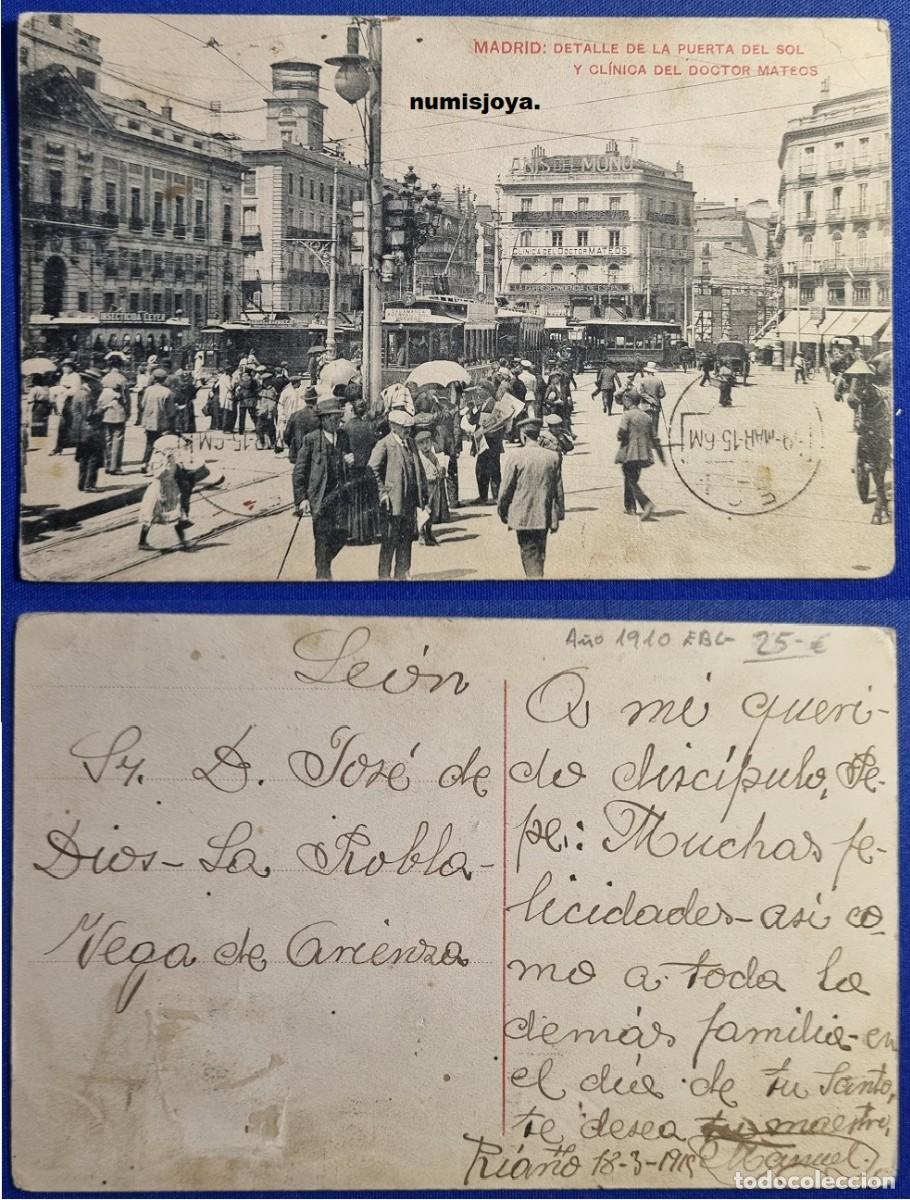 Postales: Postal de Madrid Espa&ntilde;a a&ntilde;o 1910 detalle Puerta del Sol y Cl&iacute;nica Doctor Mateos. Escrita en 1916.