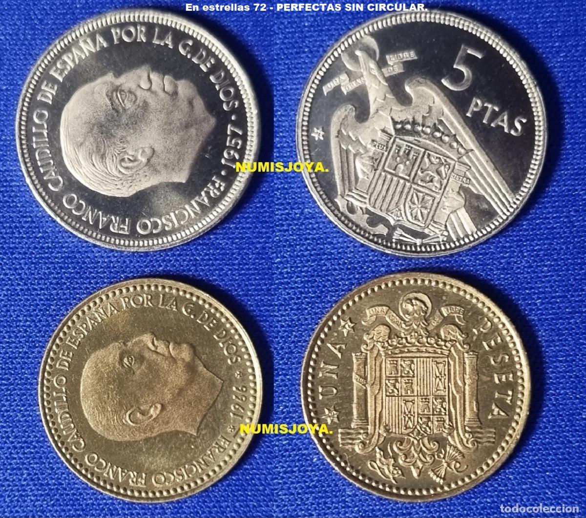 Postales: FRANCO. Lote 2 monedas 1 y 5 Pesetas del a&ntilde;o en estrellas 1972. PERFECTAS BRILLO ORIGINAL.