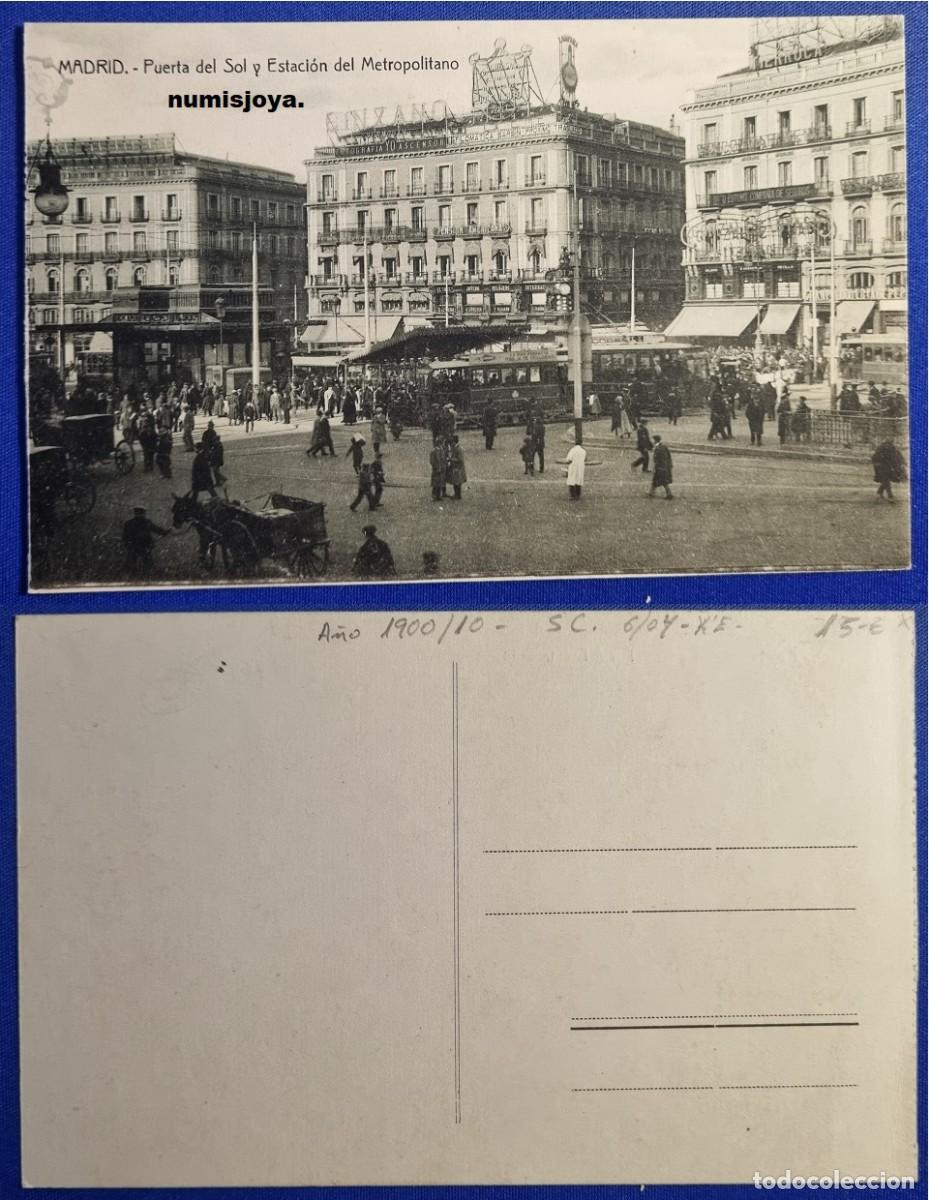 Postales: Postal Madrid Espa&ntilde;a a&ntilde;o 1910 Puerta del Sol y Estaci&oacute;n del Metropolitano.