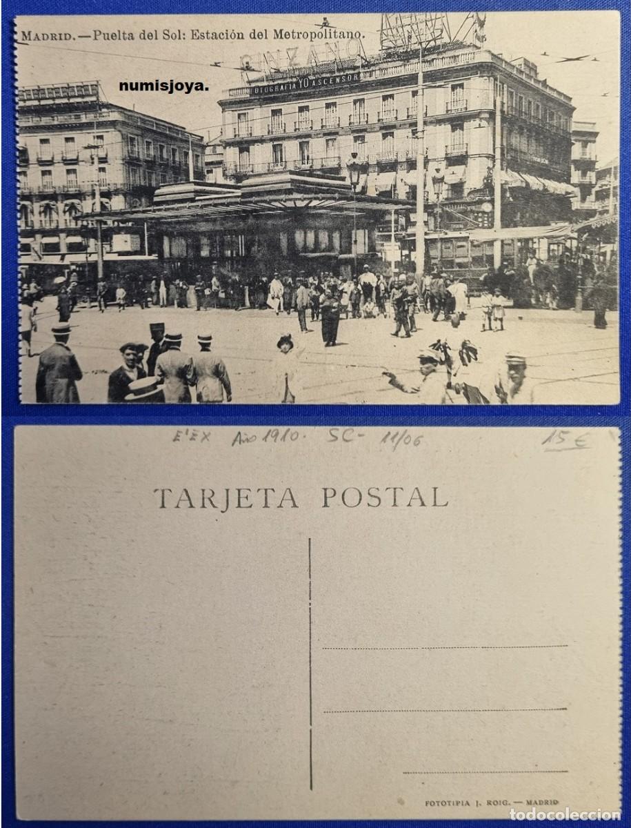 Postales: Postal Madrid Espa&ntilde;a a&ntilde;o 1910 Puerta del Sol y Estaci&oacute;n del Metropolitano. Fot. J. ROIG.