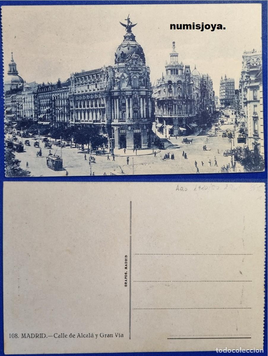 Postales: Postal Madrid Espa&ntilde;a a&ntilde;o 1930. Calle de Alcal&aacute; y Gran V&iacute;a. Foto GRAFOS.