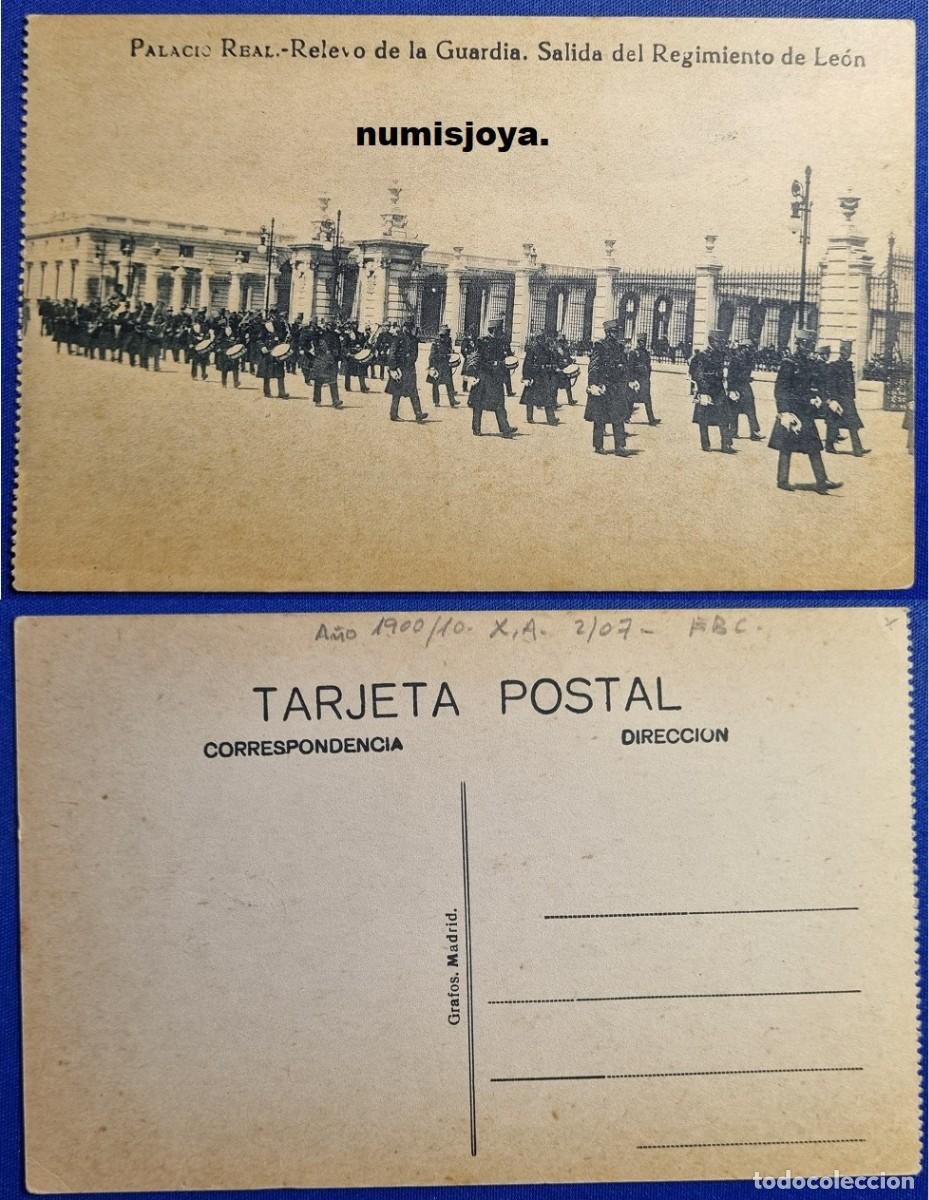 Postales: Postal Madrid Espa&ntilde;a a&ntilde;o 1910. Palacio Real Relevo de la Guardia Regimiento Le&oacute;n. Ed. GRAFOS.