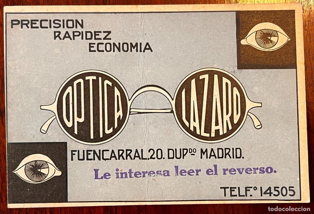Postales: MADRID, &Oacute;PTICA L&Aacute;ZARO, FUENCARRAL 20, ANTIGUA TARJETA PUBLICITARIA, GAFAS, A&Ntilde;OS 30
