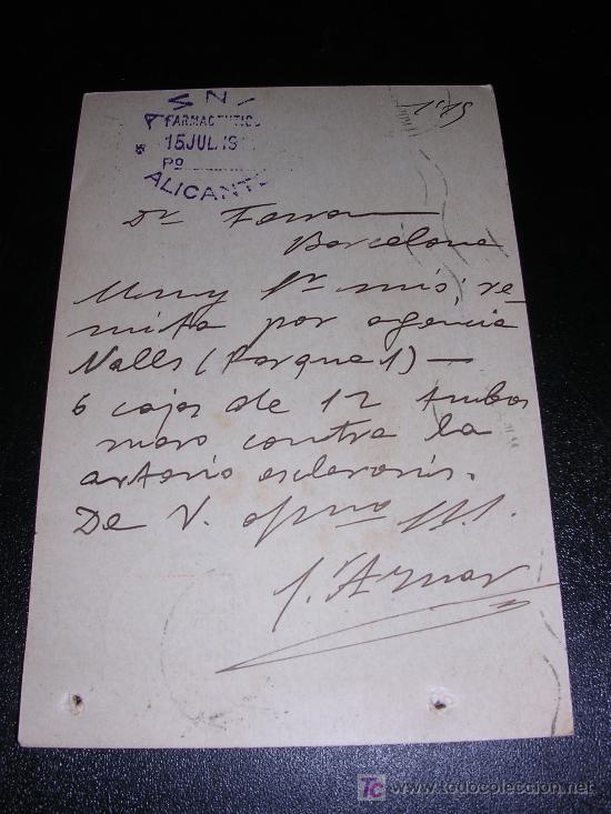 Postkarten: FARMACEUTICOA , ALICANTE, DIRIGIDA A INSTITUTO FERRAN INVANTOR VACUNA ANTIRRABICA 1914
