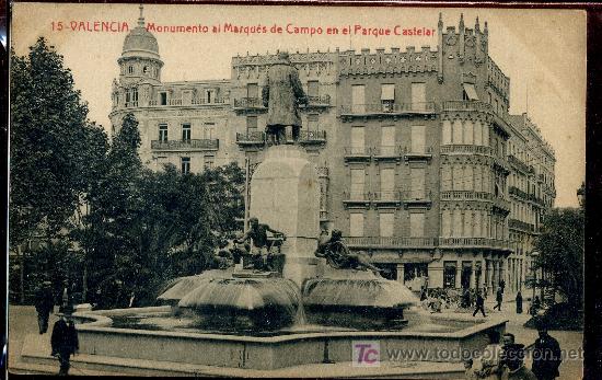 Postais: TARJETA POSTAL DE VALENCIA.N&ordm;15.MONUMENTO AL MARQUEZ DE CAMPO EN EL PARQUE CASTELAR.FOTOTIPIA THOMAS
