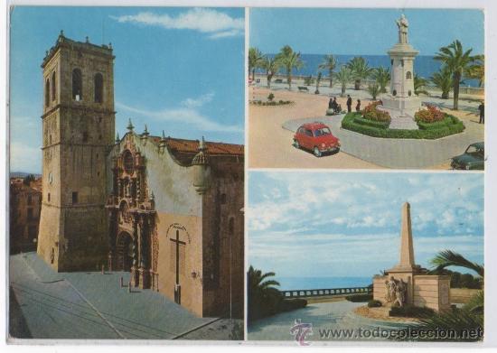Postales: TARJETA POSTAL DE VINAROZ TORRE E IGLESIA MONUMENTO A COSTA Y BORRAS CASTELLON SEAT 600