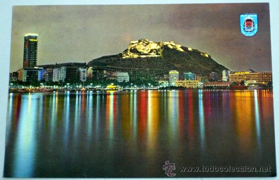 Cartes Postales: Postal Alicante vista nocturna al fondo castillo Santa B&aacute;rbara a&ntilde;os 60