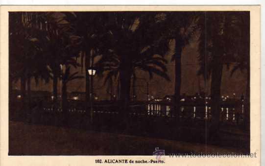 Postais: Alicante. n&ordm; 102 de noche. Puerto. L. Roisin. Sin circular.