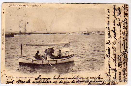 Postales: Alicante ??. Colecci&oacute;n Asenjo. Serie 1&ordf;. n&ordm; 6. Un paseo en lancha. Fot Laurent. Reverso sin dividir