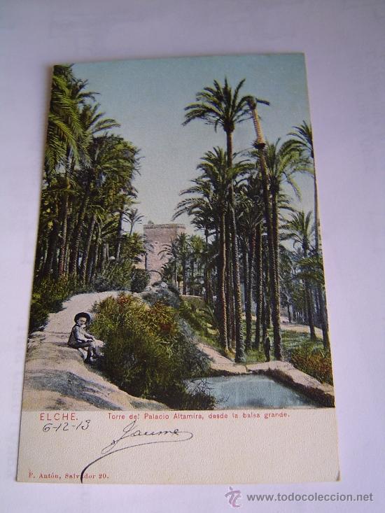 Postais: Interesante postal de Elche.-Torre del palacio Altimira,desde la balsa grande