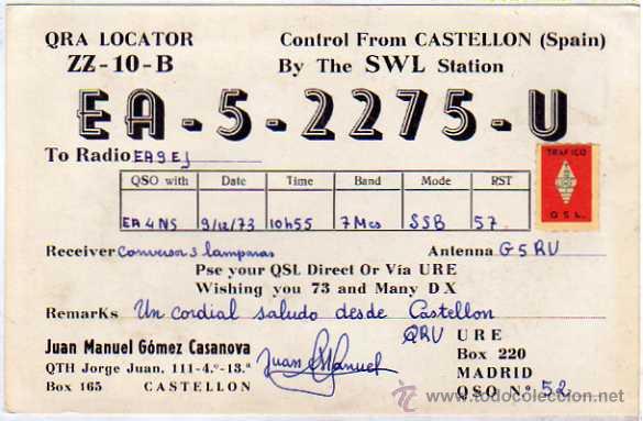 Postales: Postal radio aficionado.Juan Manuel G&oacute;mez Casanova. Castell&oacute;n